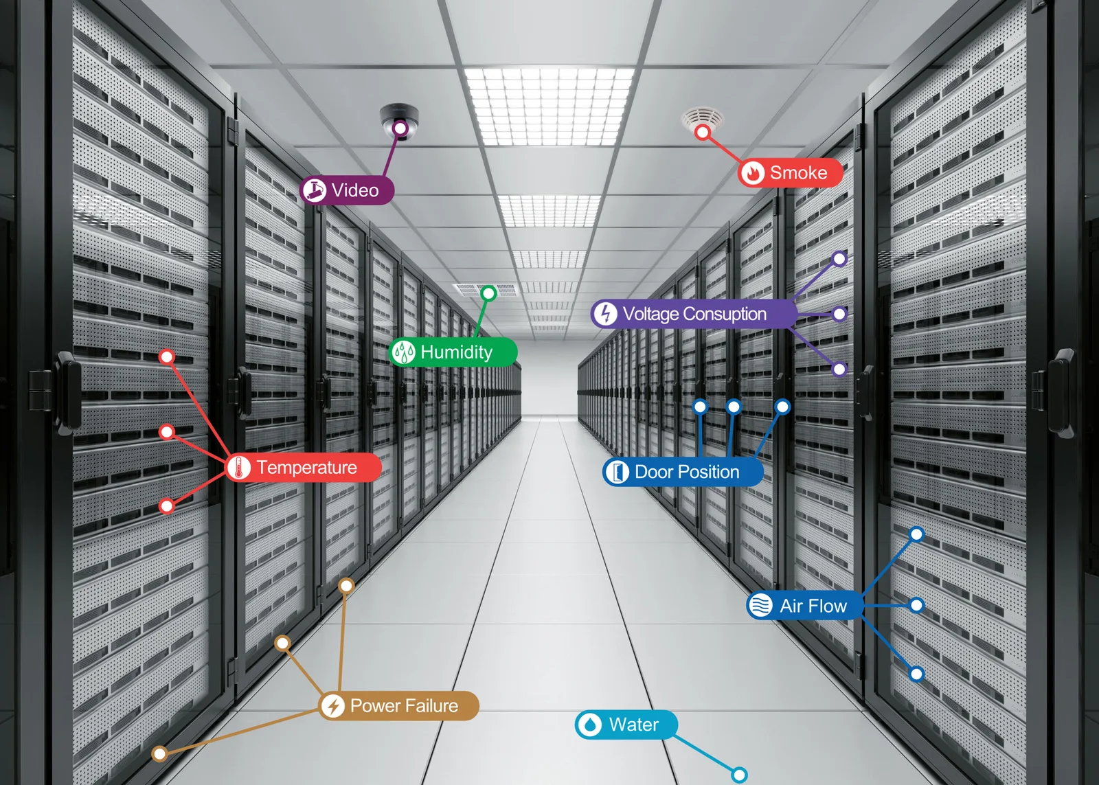 Data center aisle with the measurement points for video, temperature, humidity, voltage, doors, airflow, water and power failure