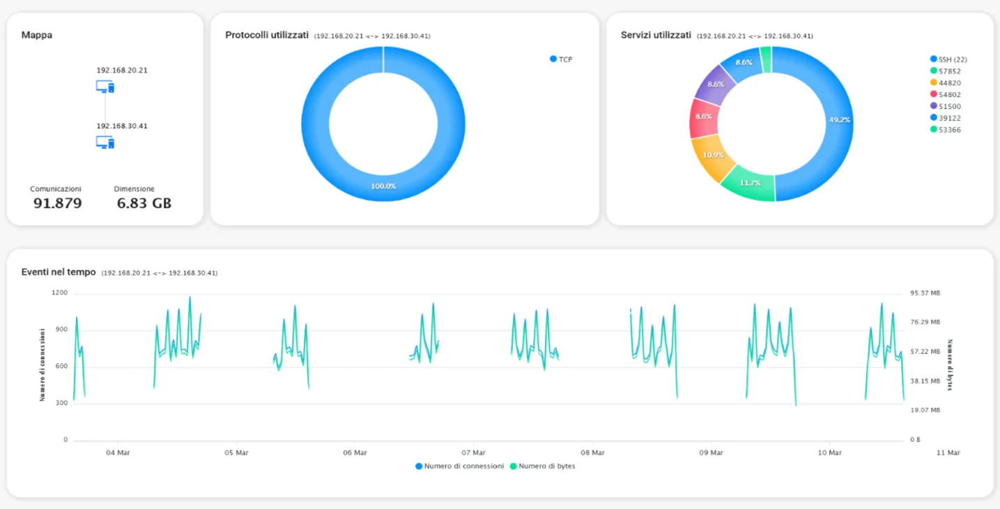 Network Insight: flow dashboard with volumes, protocols and time series