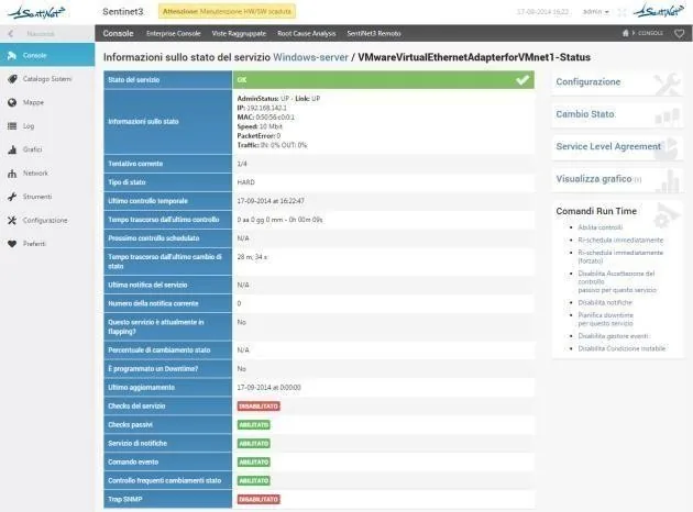 Status sheet of a monitored service with attempts, check times, notifications and run-time commands