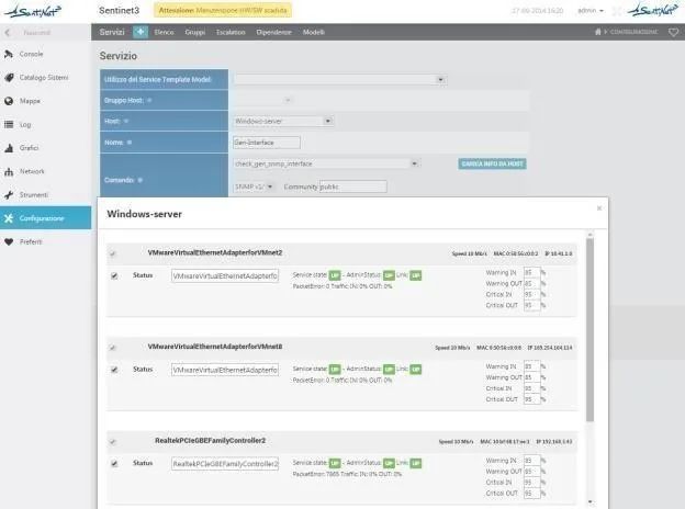 Interface Inspector: network interfaces of a Windows host with state, traffic and inbound and outbound warning and critical thresholds
