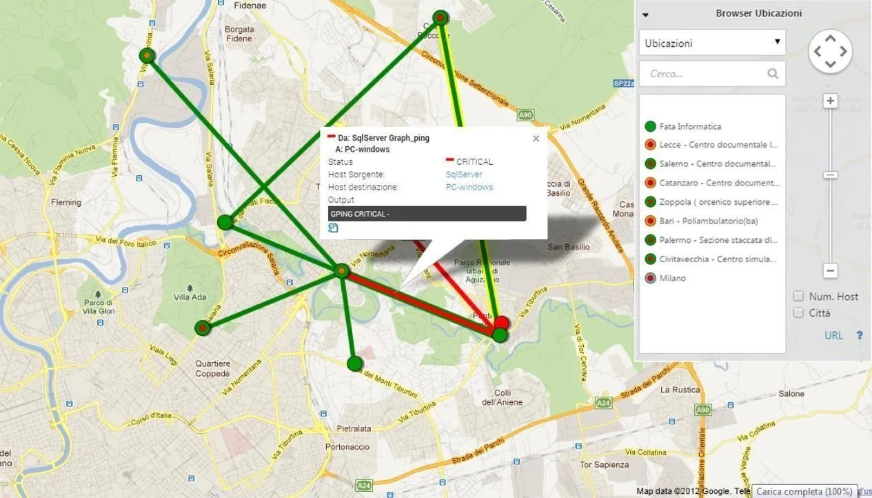 Georeferenced map with sites, links and the state of link services