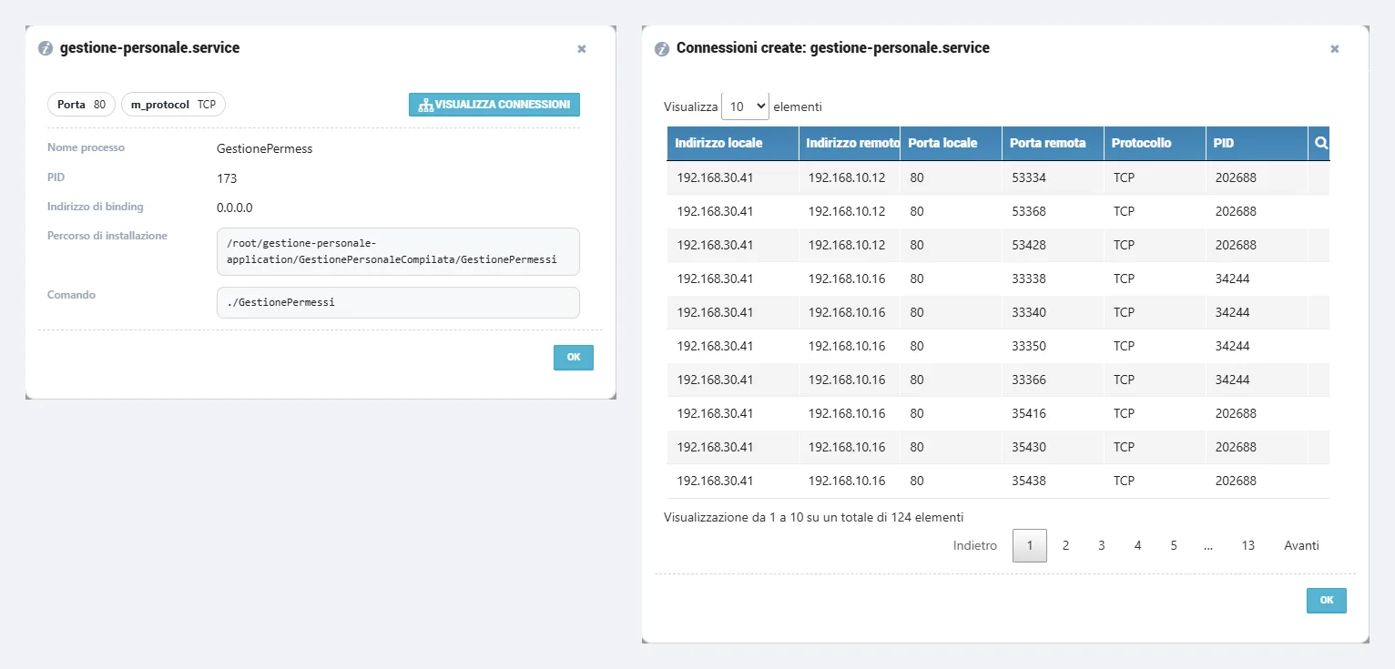 Dettaglio del processo esposto e tabella delle connessioni verso il servizio