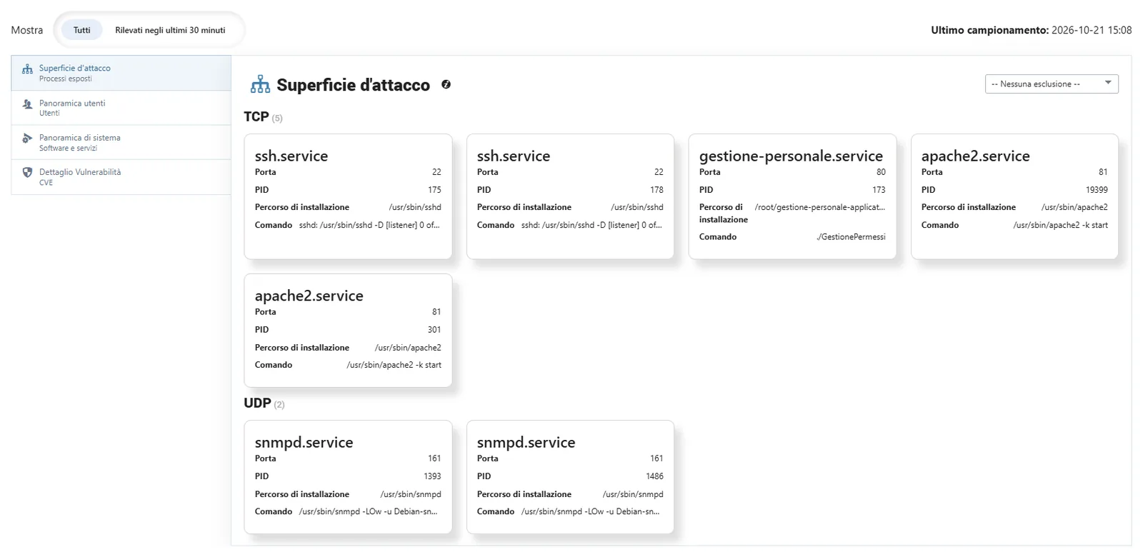 Superficie d’attacco dell’host: servizi TCP e UDP in ascolto con i filtri di visualizzazione